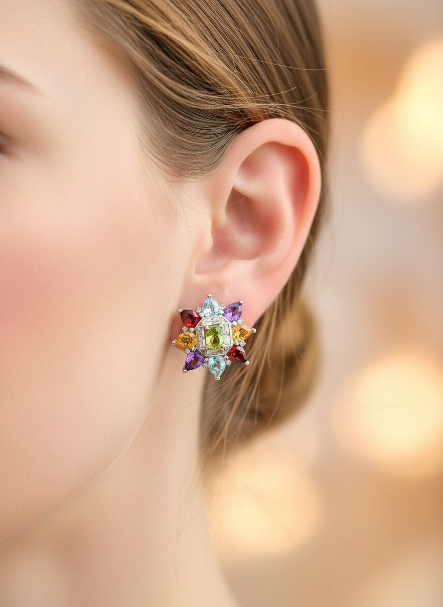 Handmade Natural Amethyst, Topaz and Peridot multigems Statement earrings