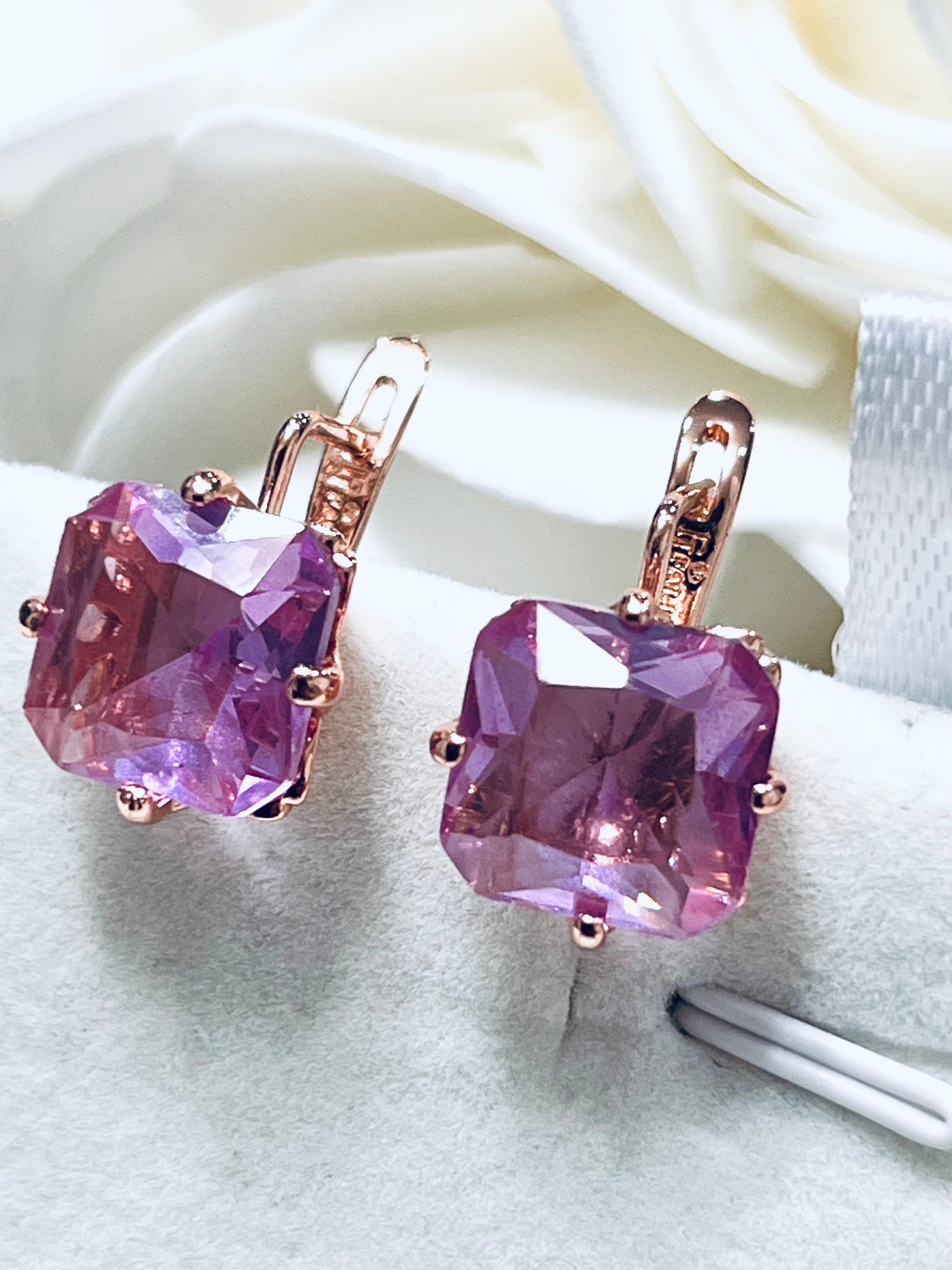 14K Rolled Gold Pink or Blue Topaz Minimalistic Square Drop Earrings