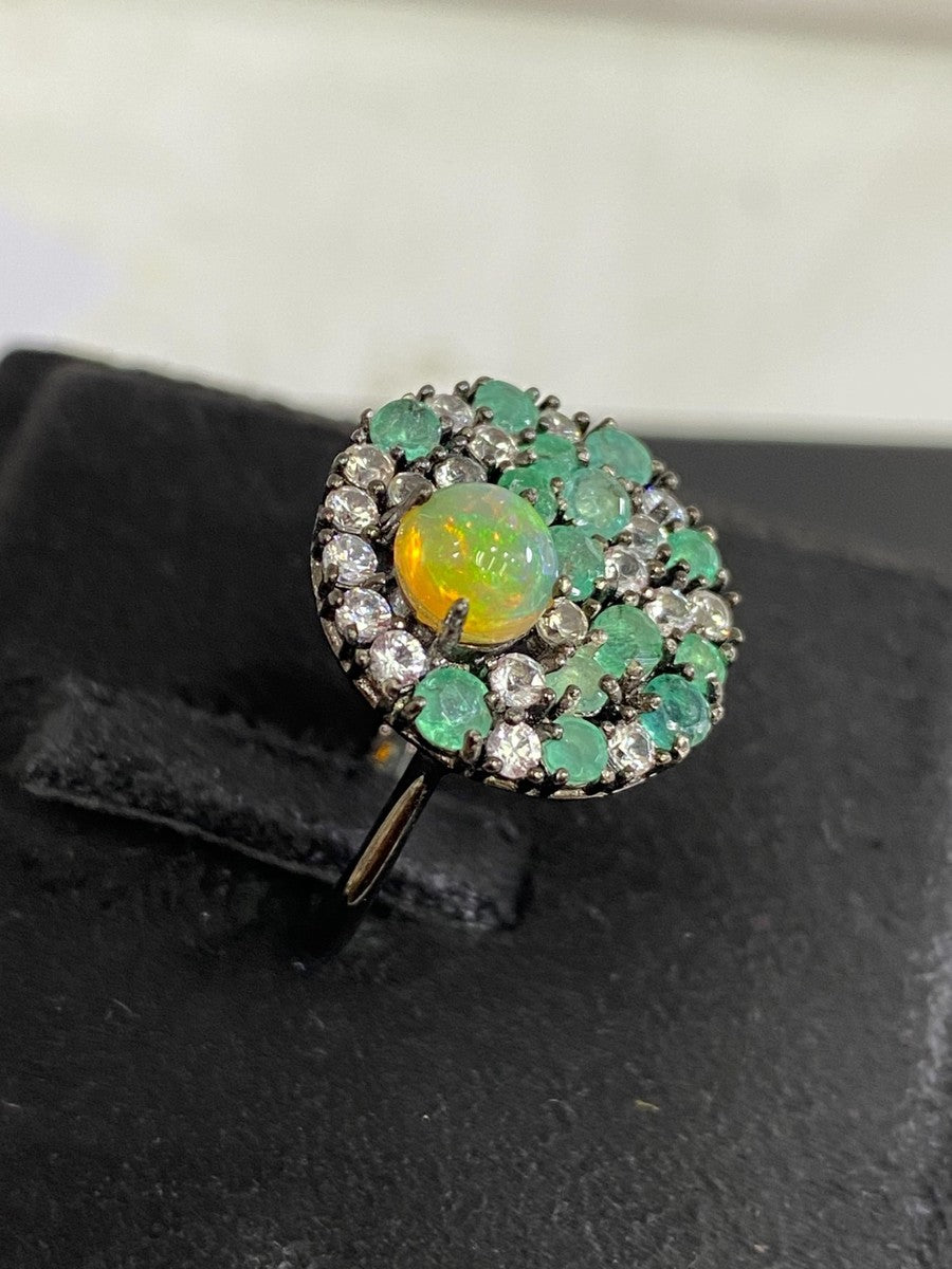 Handmade Opal, Emerald & White Topaz Ring and Earrings Set