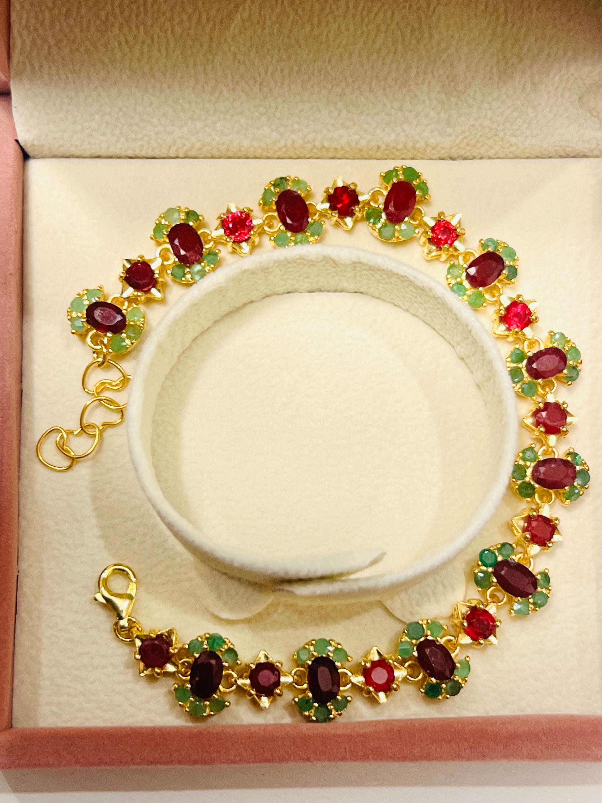 Genuine Ruby and Emerald Bracelet in 14k Gold over sterling silver