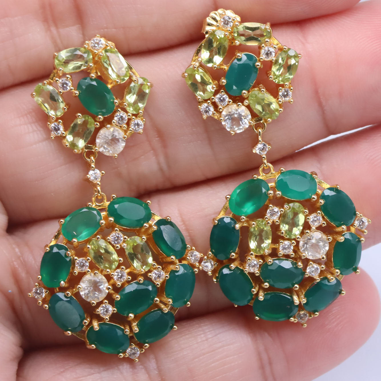 Emerald Green Agate & Peridot Gold Vermeil Cluster Earrings