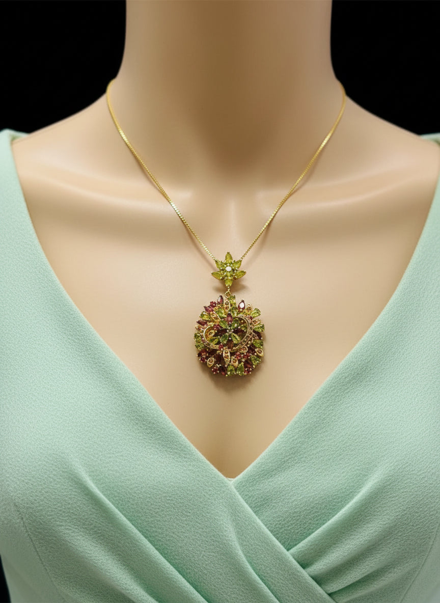 Handmade Peridot & Rhodolite Garnet Floral Statement Necklace
