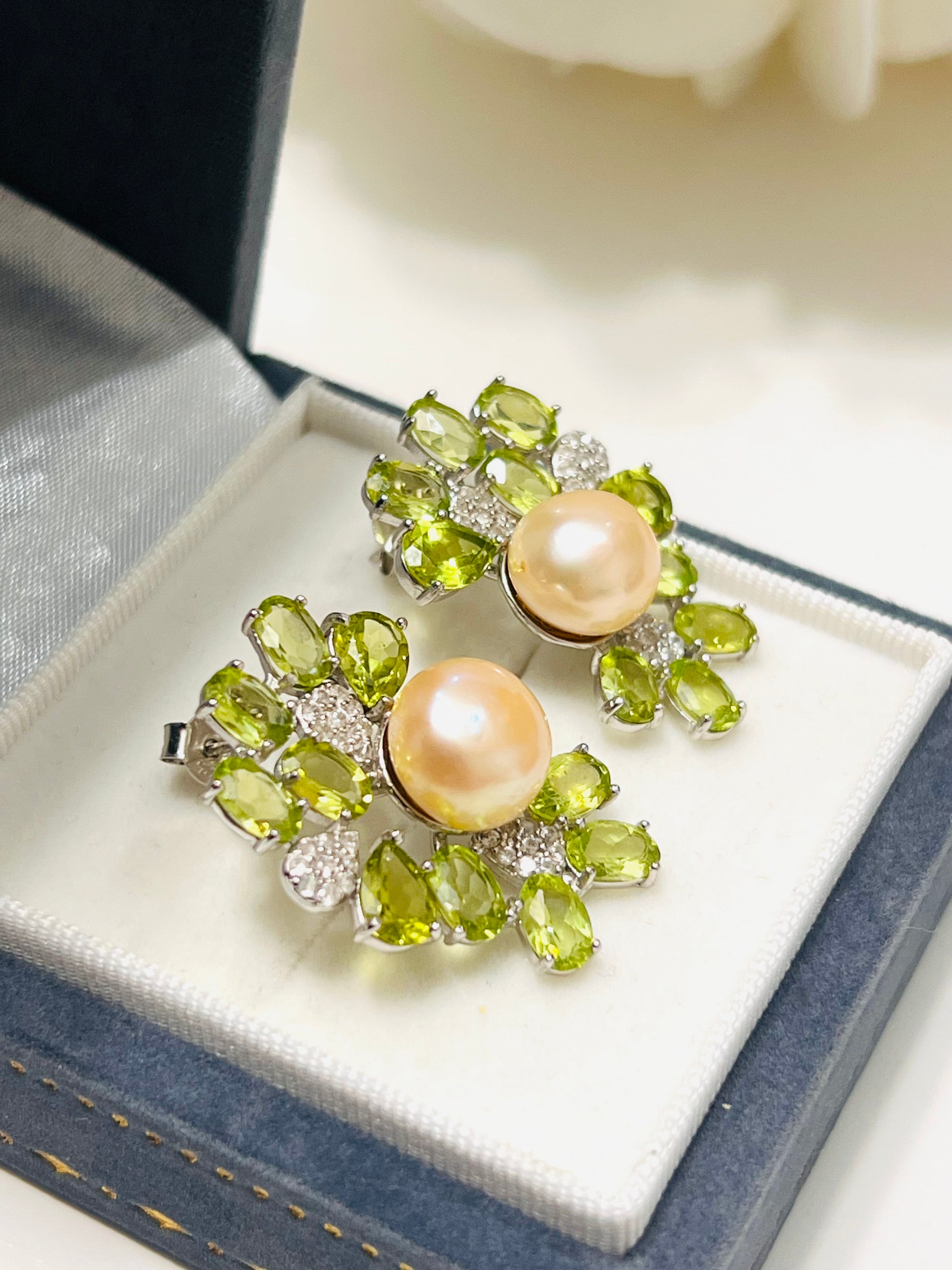 Genuine Pearl & Peridot Floral Glow Studs (Handmade- Artisan)