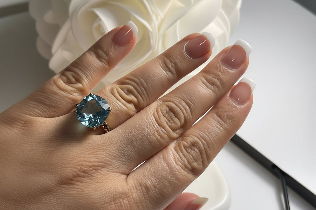 Solitude Square genuine Swiss Blue Topaz Statement Ring