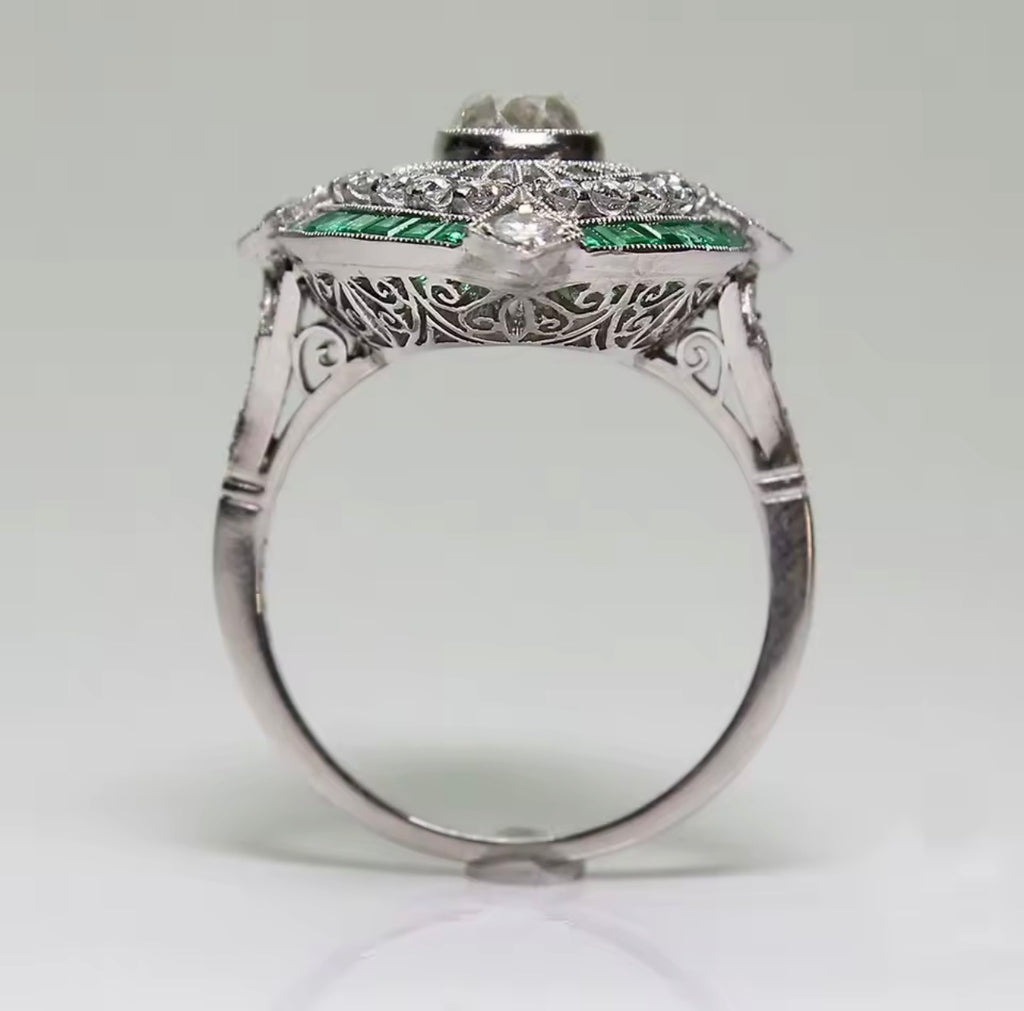 Art deco vintage inspired Ring with emerald and diamonds