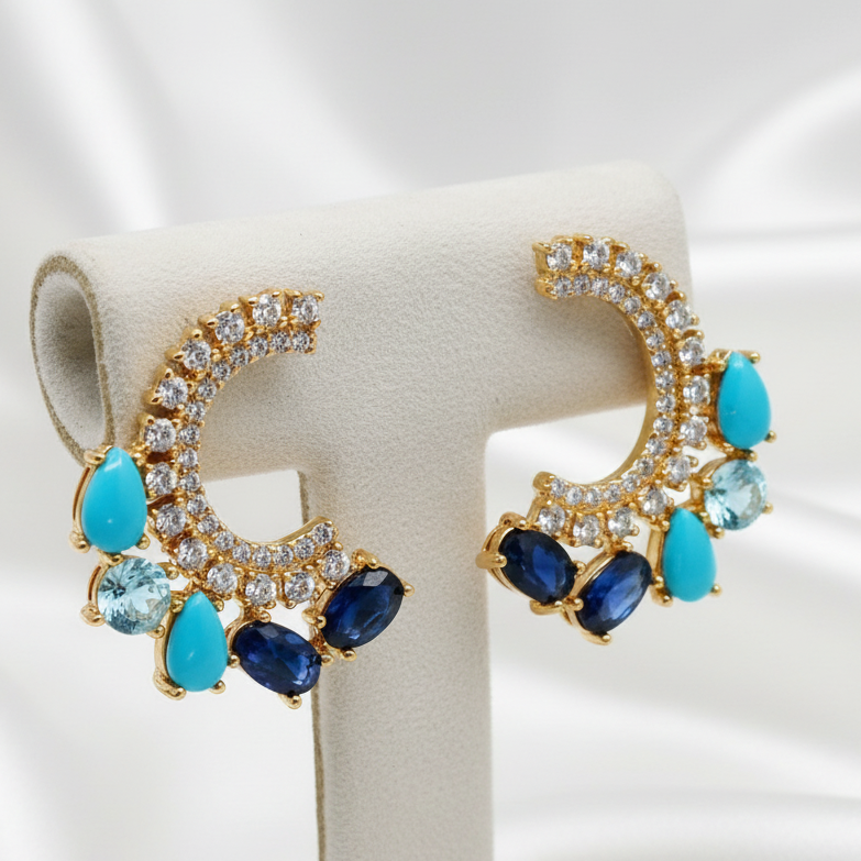 Handmade Blue Turquoise, Sapphire & Zircon Earrings