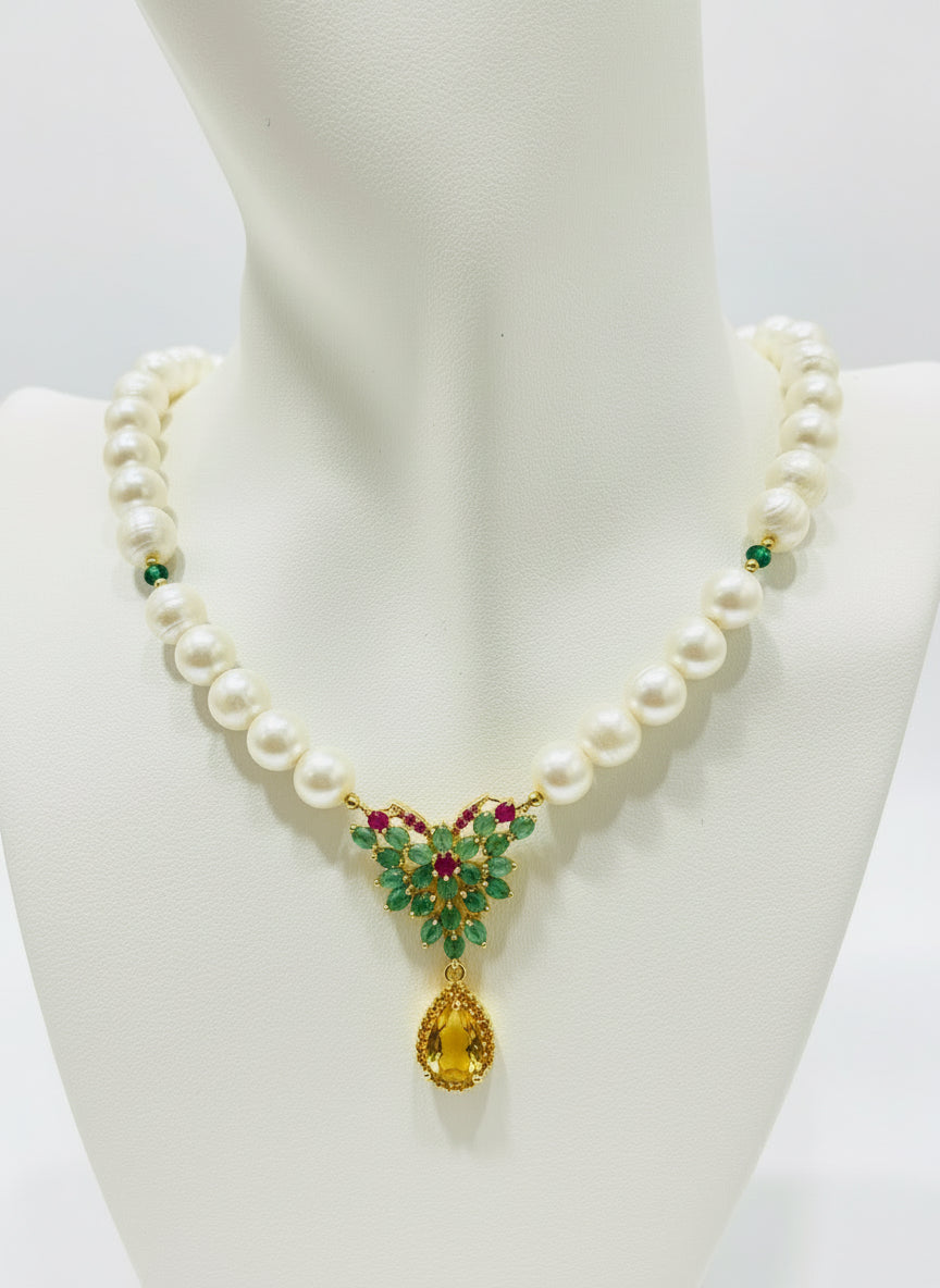 Colombian Emerald, Ruby and citrine along with south sea pearls necklace