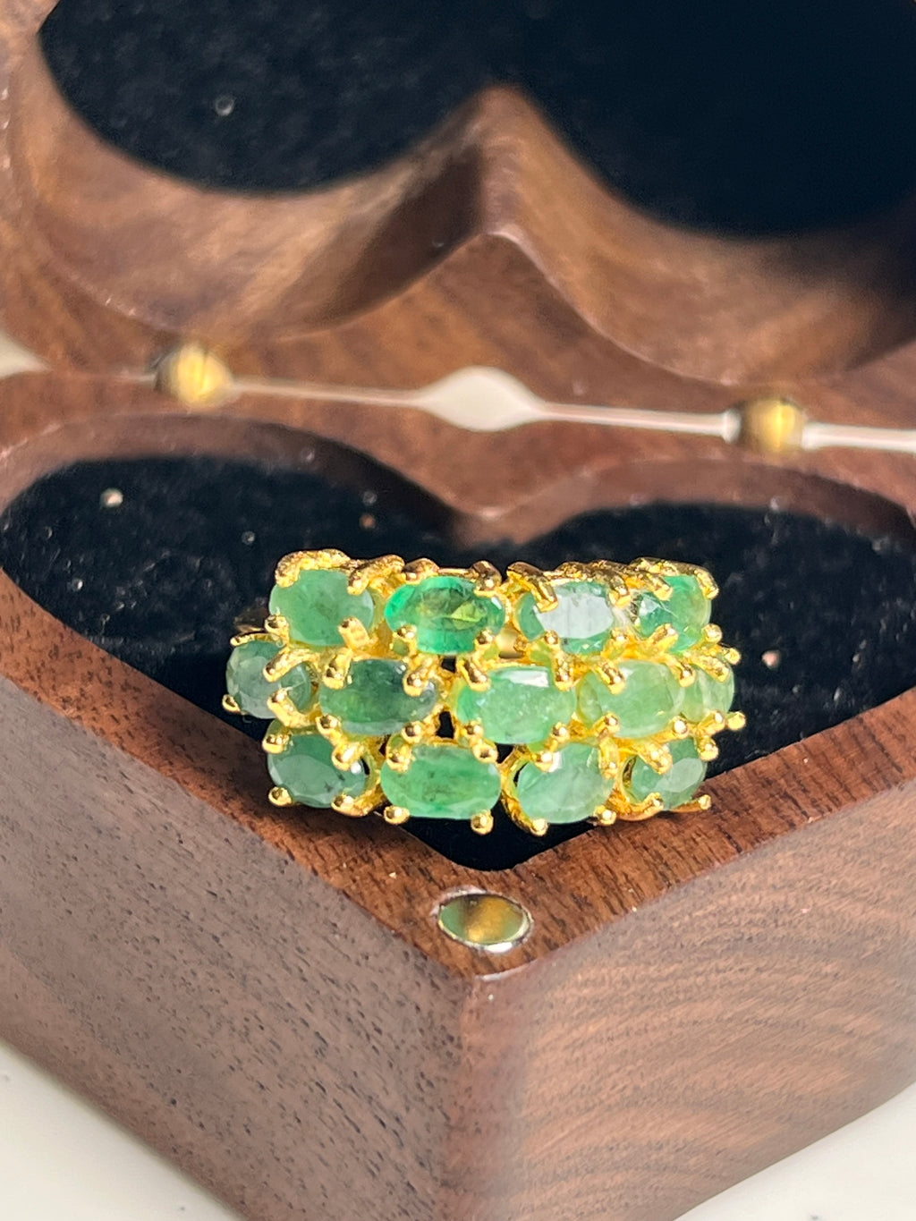 Handmade Triple-Row Zambian Emerald Ring in Yellow Gold Vermeil