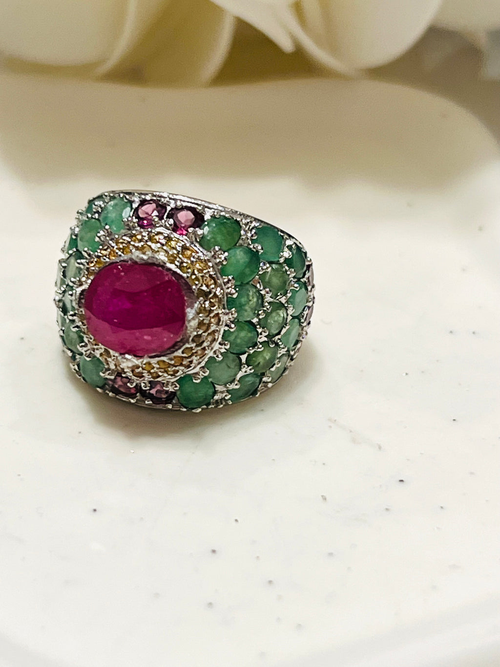 Handmade Peacock Ring with genuine Rubies and Emerald