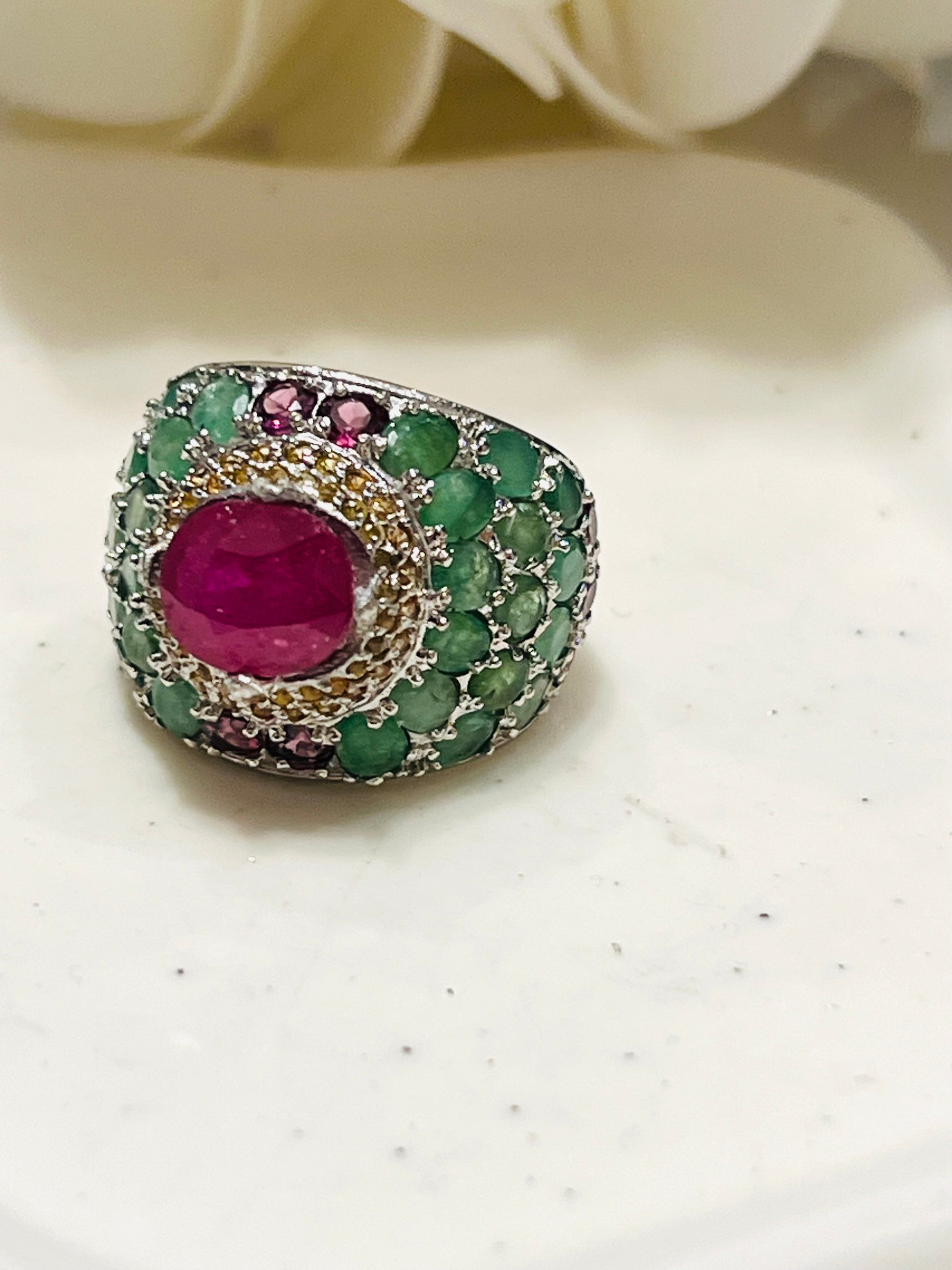 Handmade Peacock Ring with genuine Rubies and Emerald