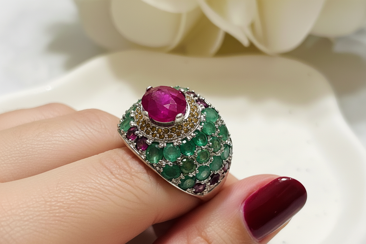 Handmade Peacock Ring with genuine Rubies and Emerald
