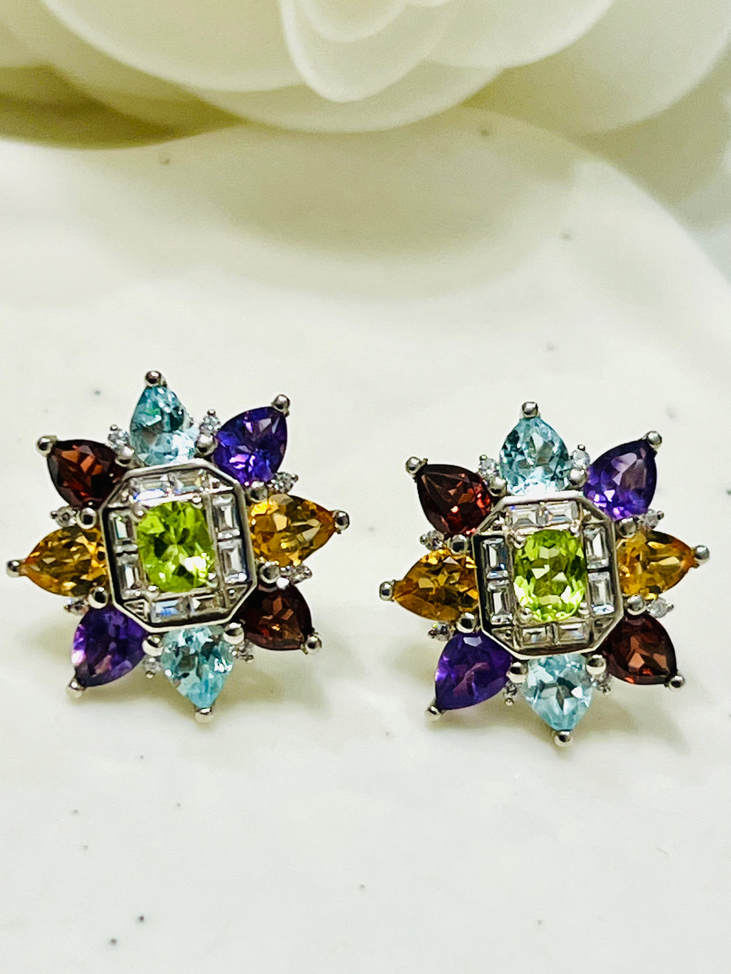 Handmade Natural Amethyst, Topaz and Peridot multigems Statement earrings