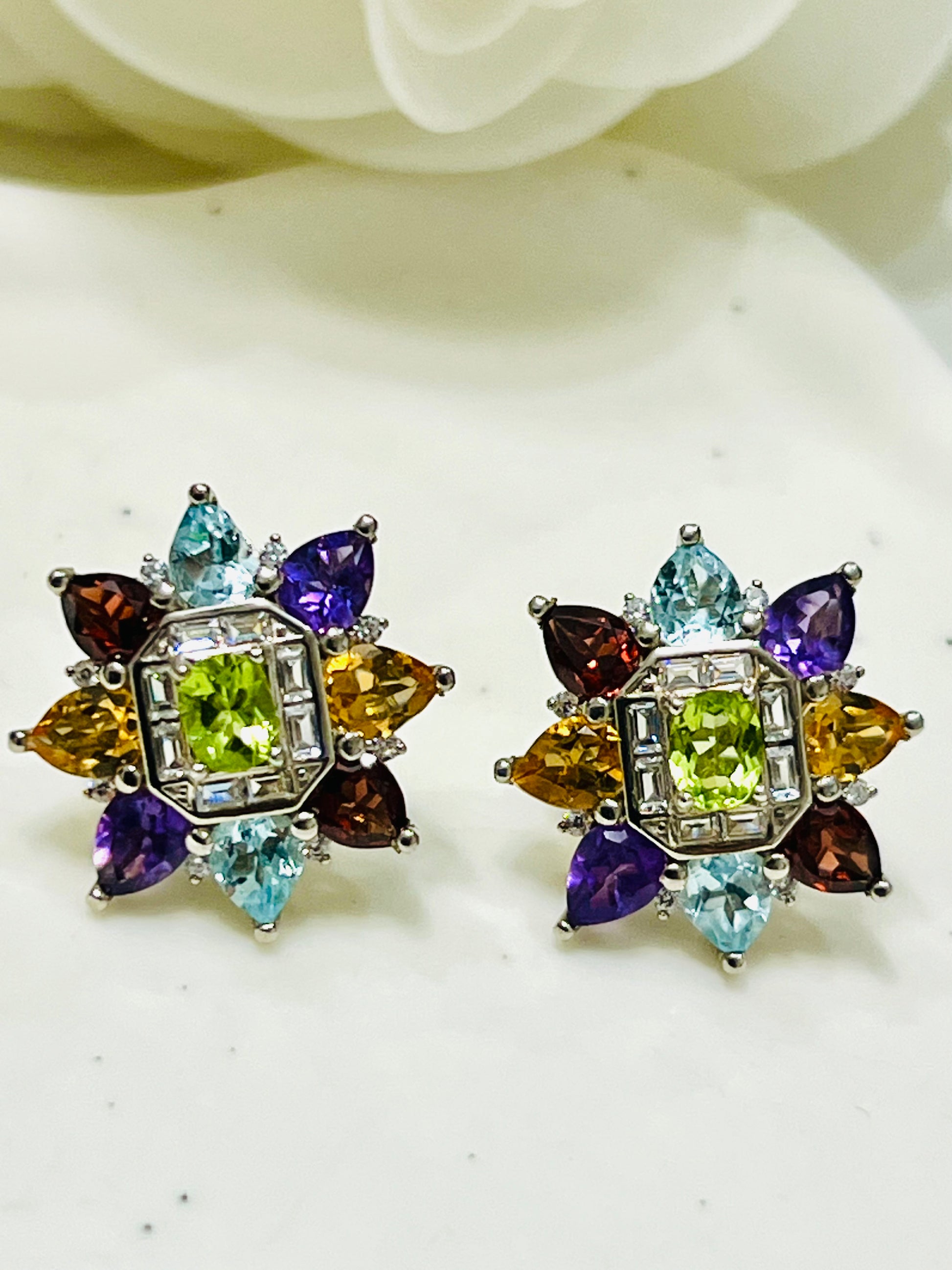 Handmade Natural Amethyst, Topaz and Peridot multigems Statement earrings