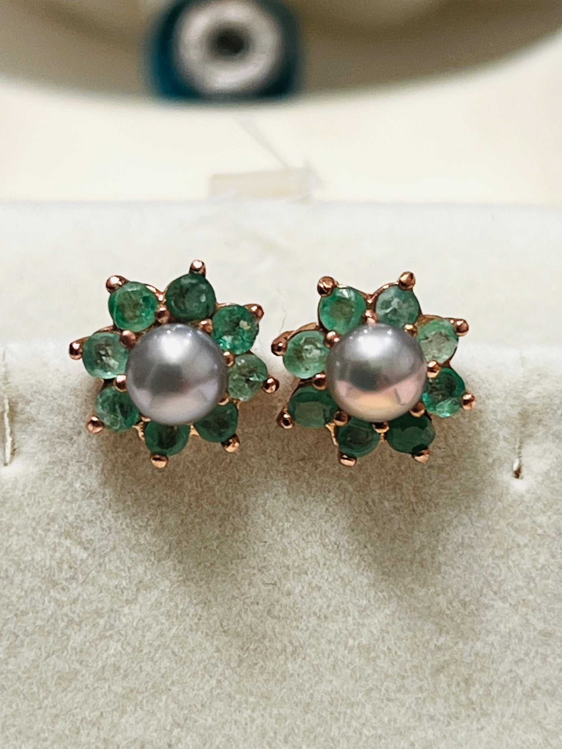 Tahitian Grey Pearl & Emerald Stud Earrings – 18K Rose Gold Vermeil Sterling Silver