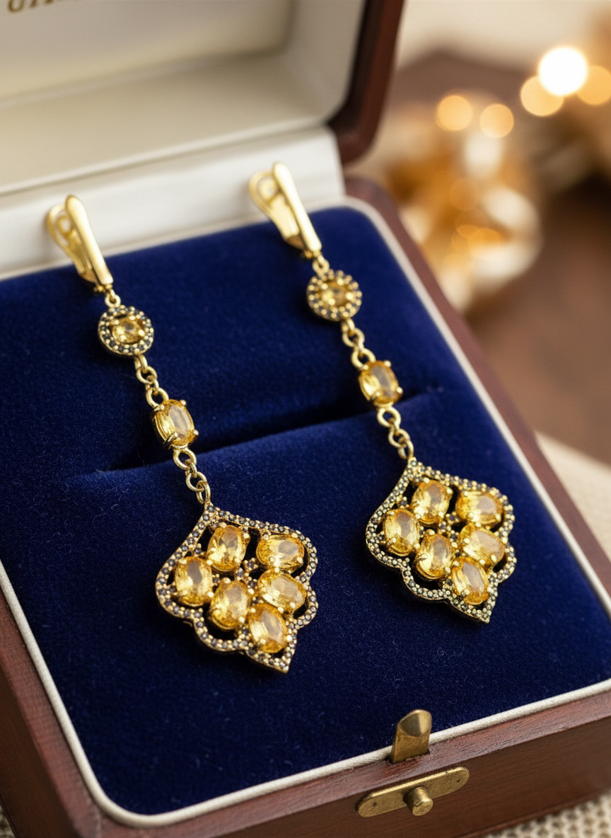 Handmade Natural Citrine and Spinel Long Fancy Earrings