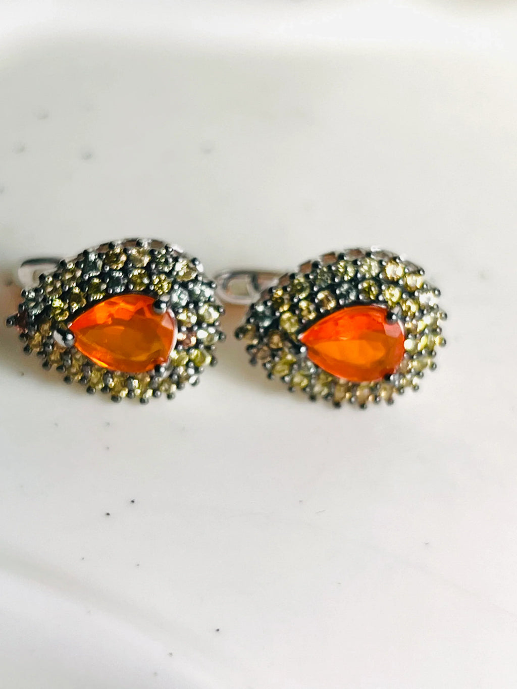 Handmade Orange Fire Opal and Colored Sapphires Earrings