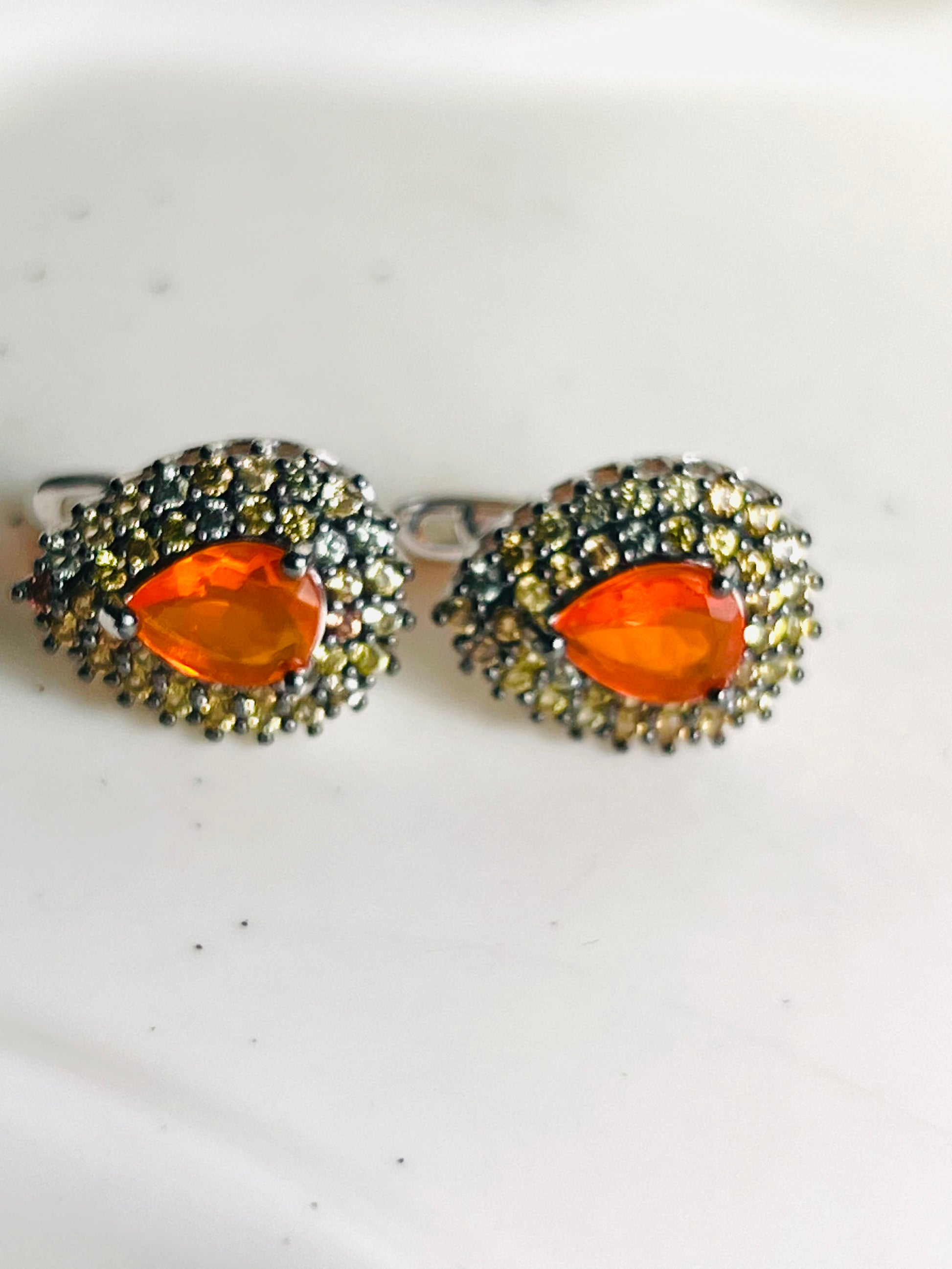 Handmade Orange Fire Opal and Colored Sapphires Earrings
