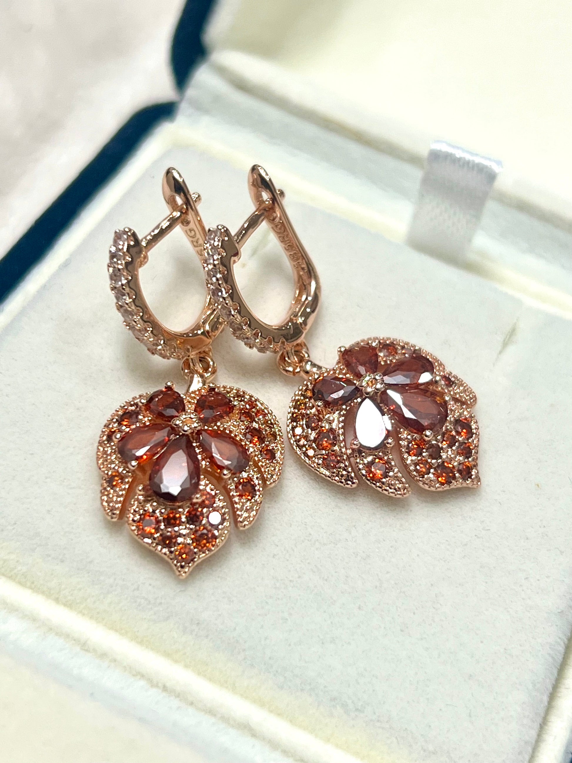 14K Rolled Gold Heart Maple Shaped Garnet Earrings