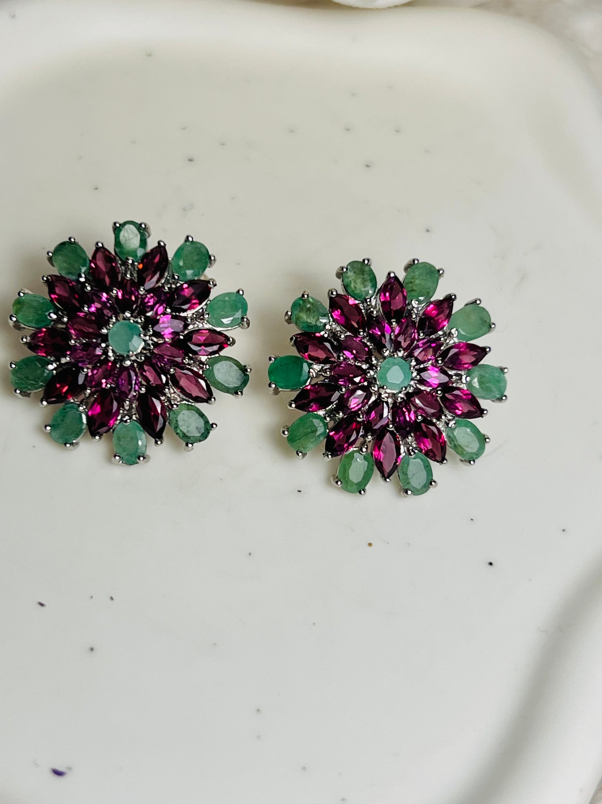 Handmade Emerald and Rhodolite garnet earrings- Sunburst Collection