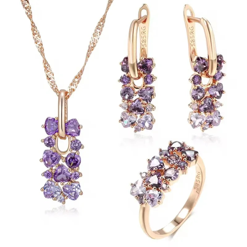14K Rolled Gold Amethyst Jewelry Set | Ombre Waterfall Necklace, Earrings & Ring