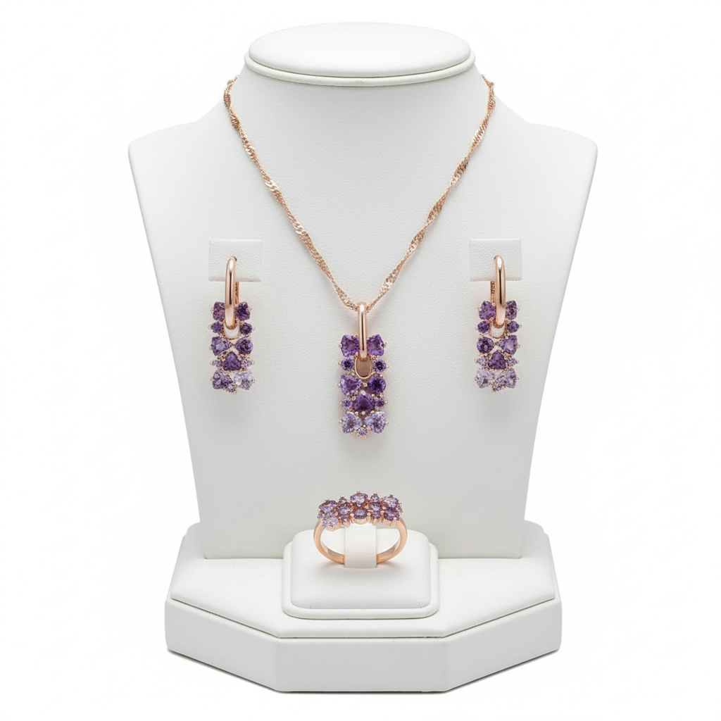 14K Rolled Gold Amethyst Jewelry Set | Ombre Waterfall Necklace, Earrings & Ring