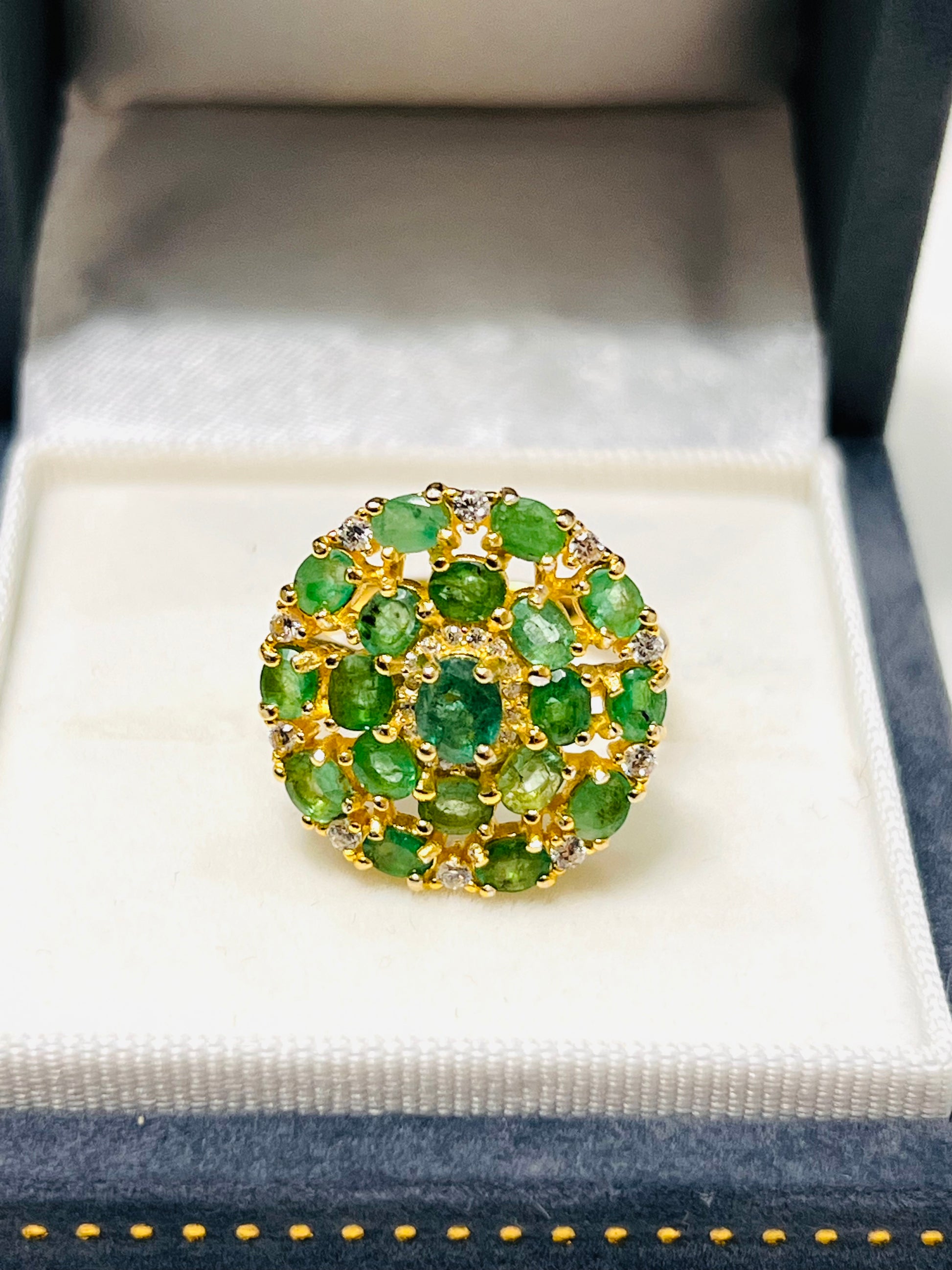 Genuine Emerald & White Sapphires Flower Cluster Ring – 18K Gold Plated