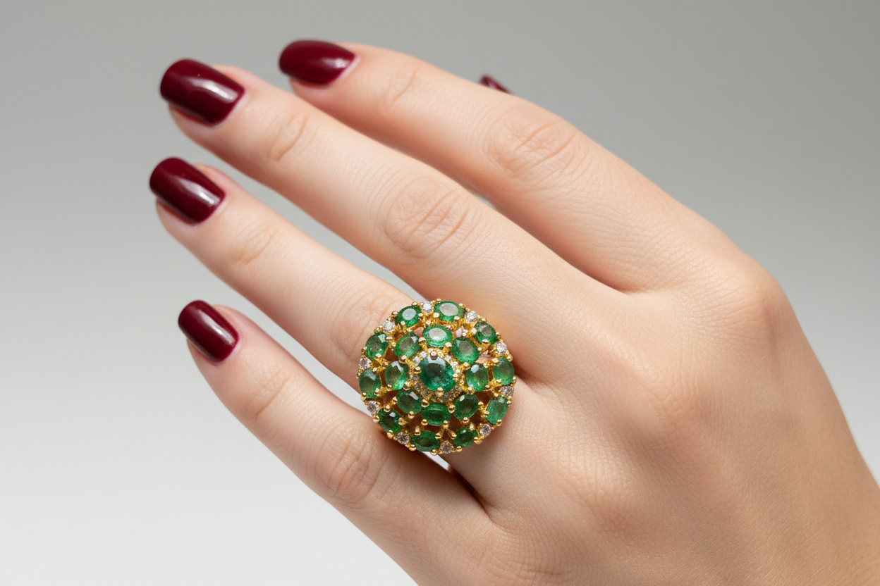Genuine Emerald & White Sapphires Flower Cluster Ring – 18K Gold Plated