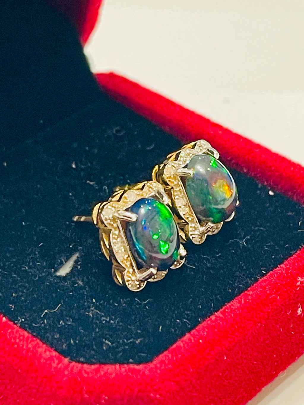 Natural Opal & Diamond Halo Stud Earrings in Sterling Silver Gold Vermeil | Handmade Two-Tone Cabochon Opal Earrings