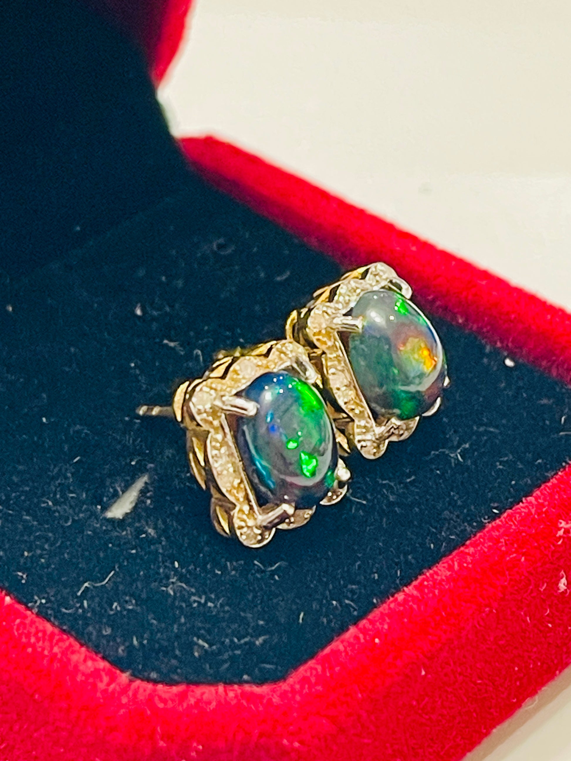 Natural Opal & Diamond Halo Stud Earrings in Sterling Silver Gold Vermeil | Handmade Two-Tone Cabochon Opal Earrings