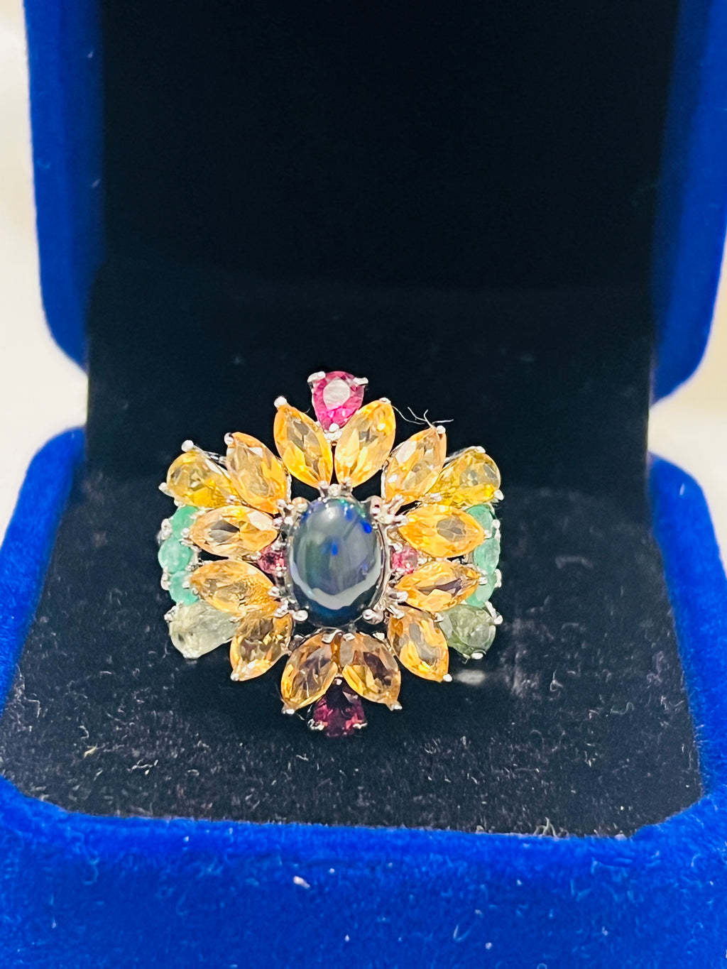 Handmade genuine Ethiopian Black Opal Rainbow Halo Statement Ring