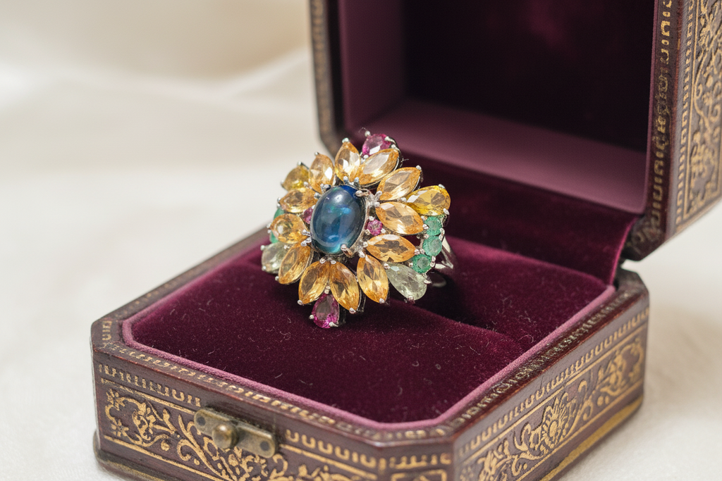 Handmade genuine Ethiopian Black Opal Rainbow Halo Statement Ring