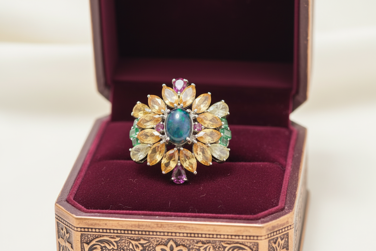 Handmade genuine Ethiopian Black Opal Rainbow Halo Statement Ring