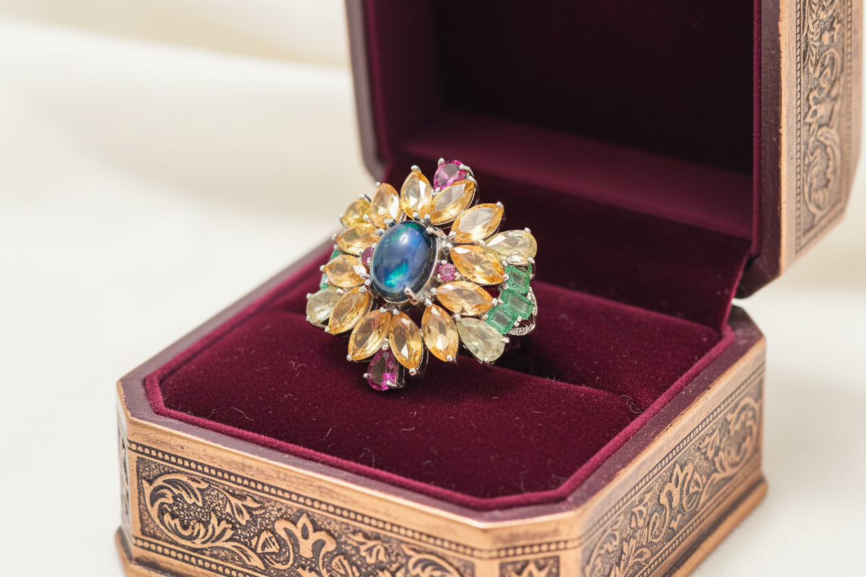 Handmade genuine Ethiopian Black Opal Rainbow Halo Statement Ring