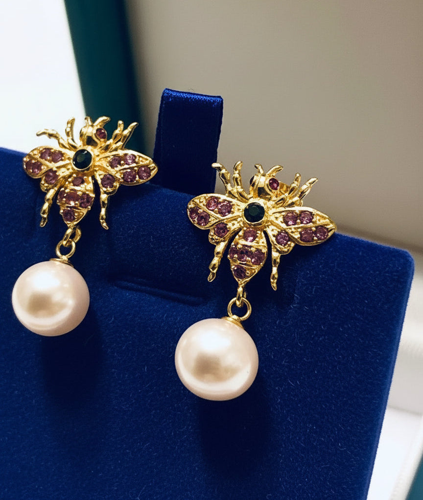Handmade Freshwater Pearl, Ruby and sapphire “Abeille” Earrings