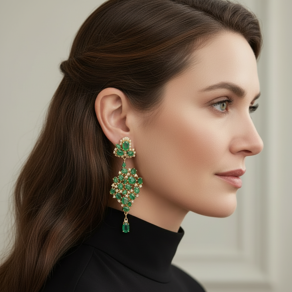 Designer Emerald & Diamond Earring – 18K Gold Vermeil