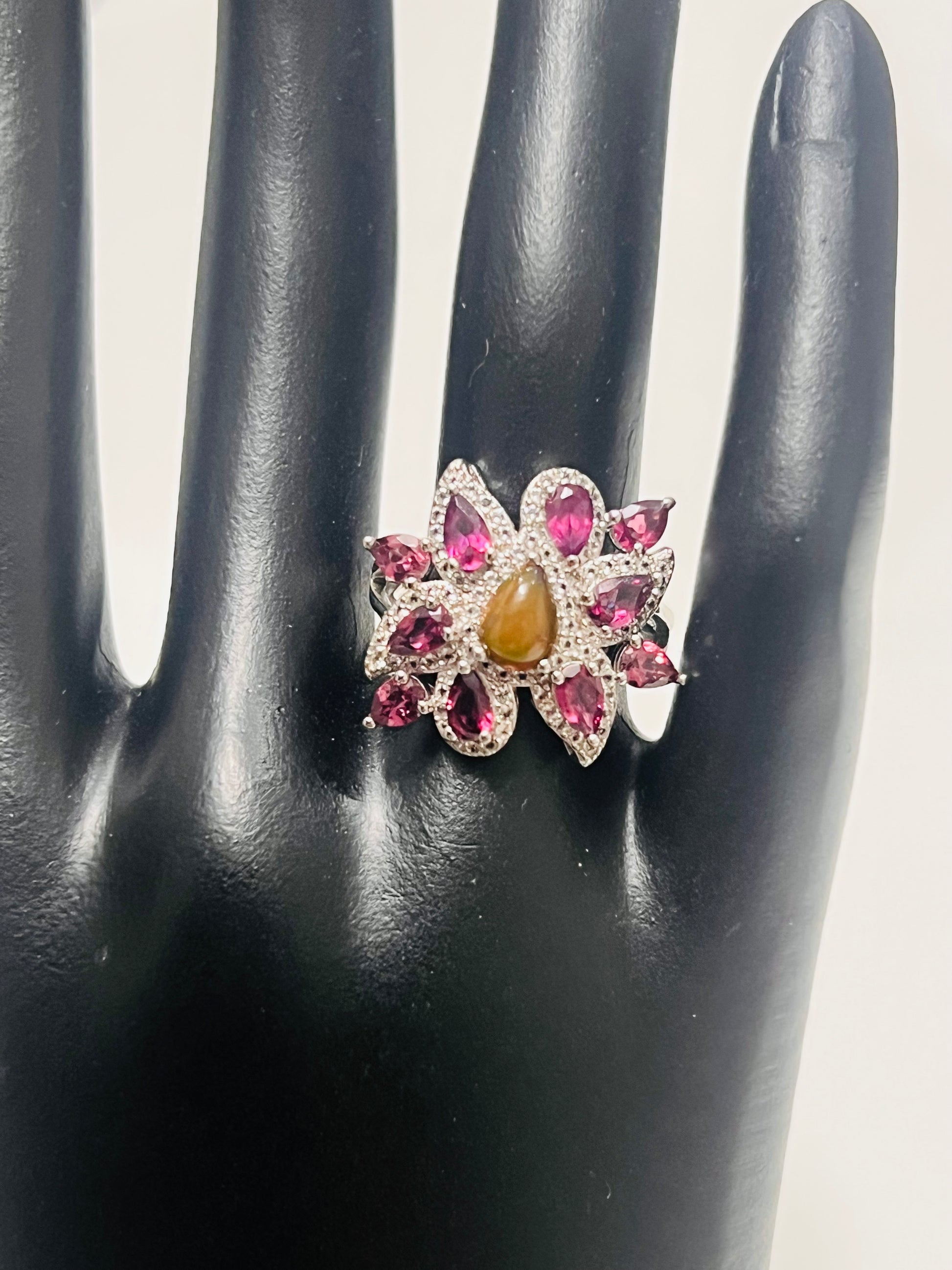 Handmade Rhodolite Garnet and Black Opal Ring