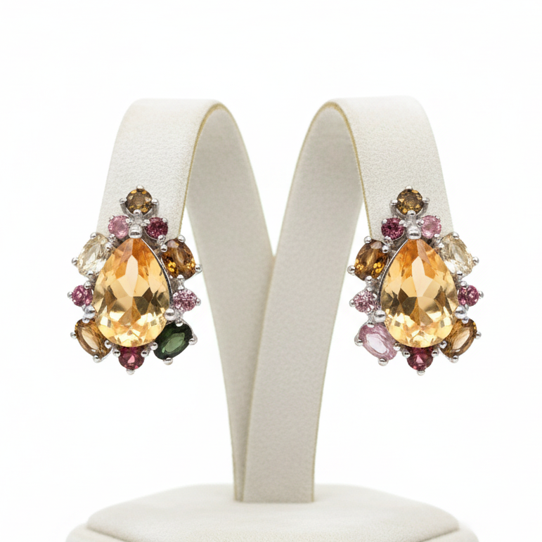 Handmade 10x7mm Golden Yellow Citrine & Tourmaline Earrings