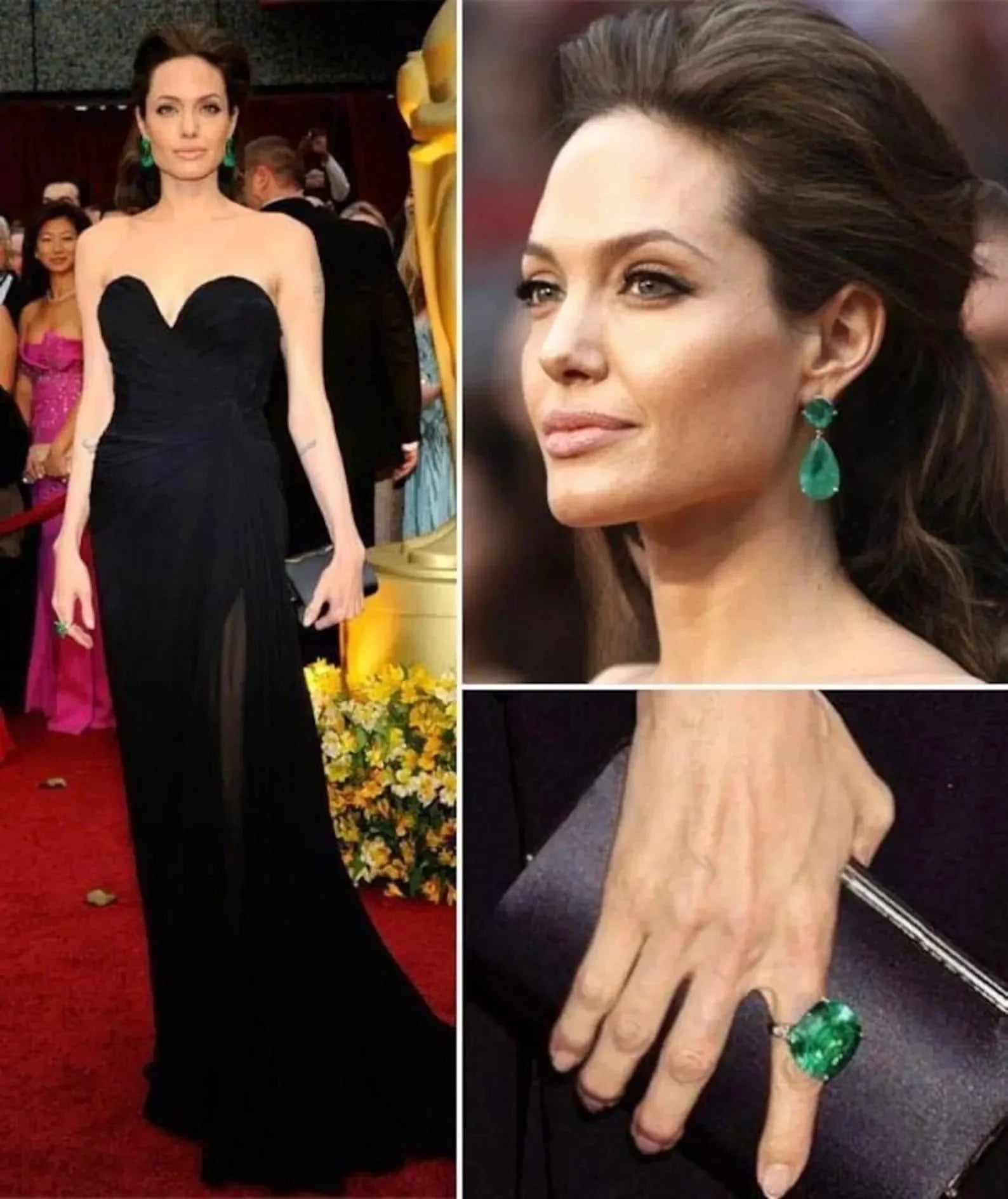Angelina Jolie in iconic emerald jewelry, inspiring Zambian emerald doublet earring designs for red carpet elegance.