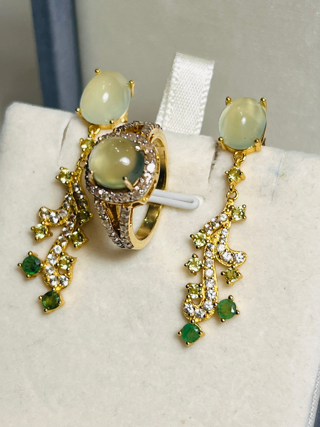 Handmade Prehnite and Natural Diamond & Emerald Ring and Earrings Set