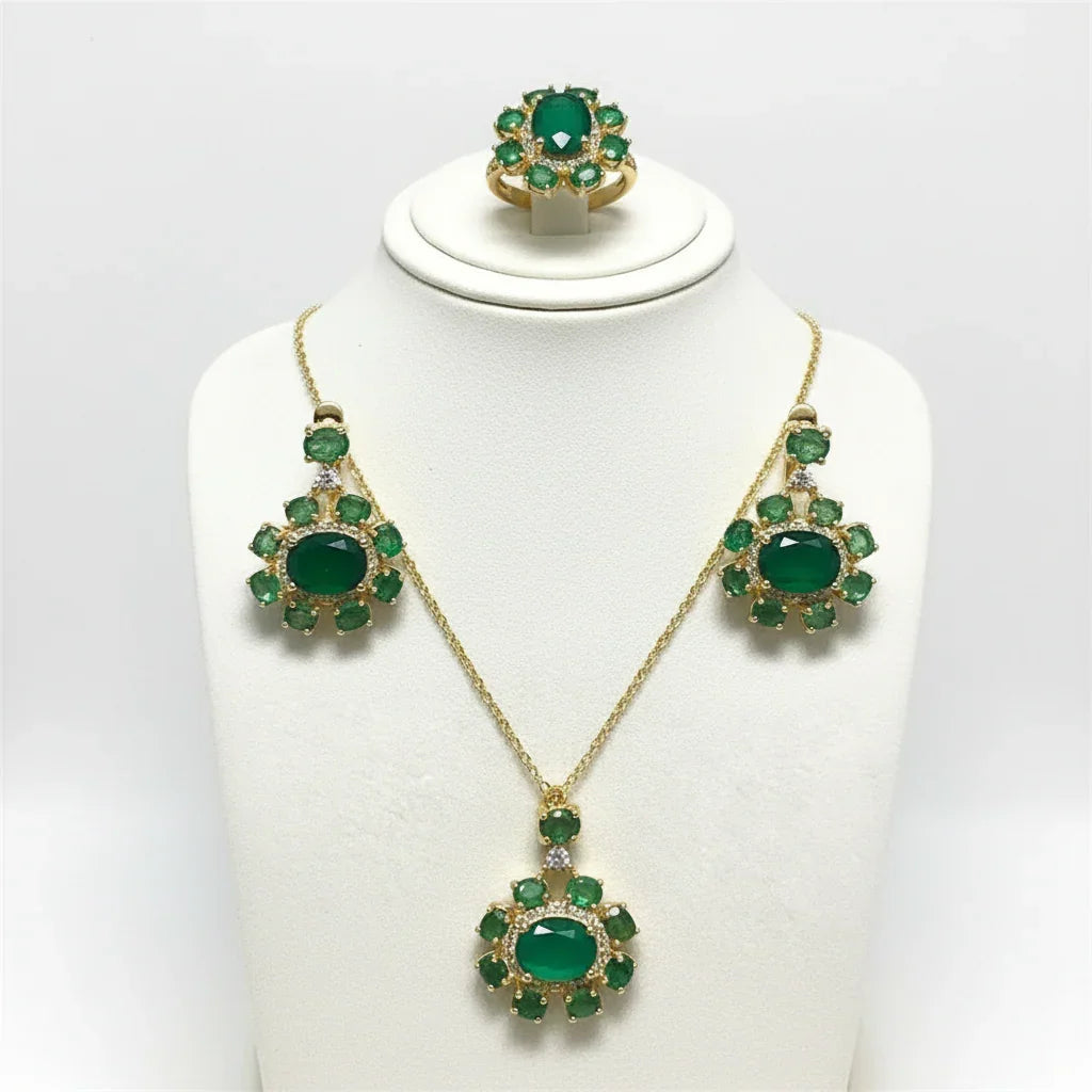 Natural Emerald Jewelry Set in 18K Gold Vermeil