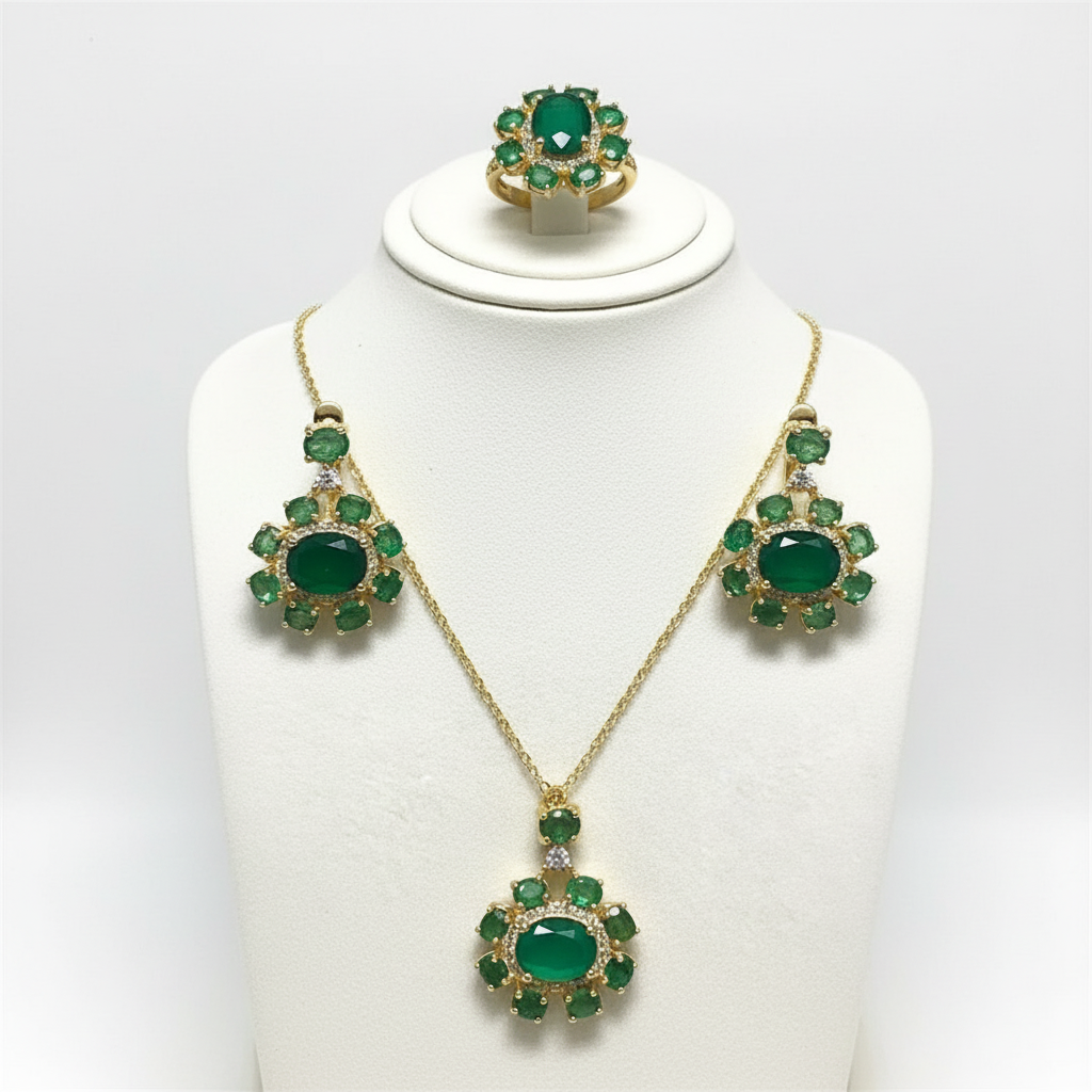 Natural Emerald Jewelry Set in 18K Gold Vermeil