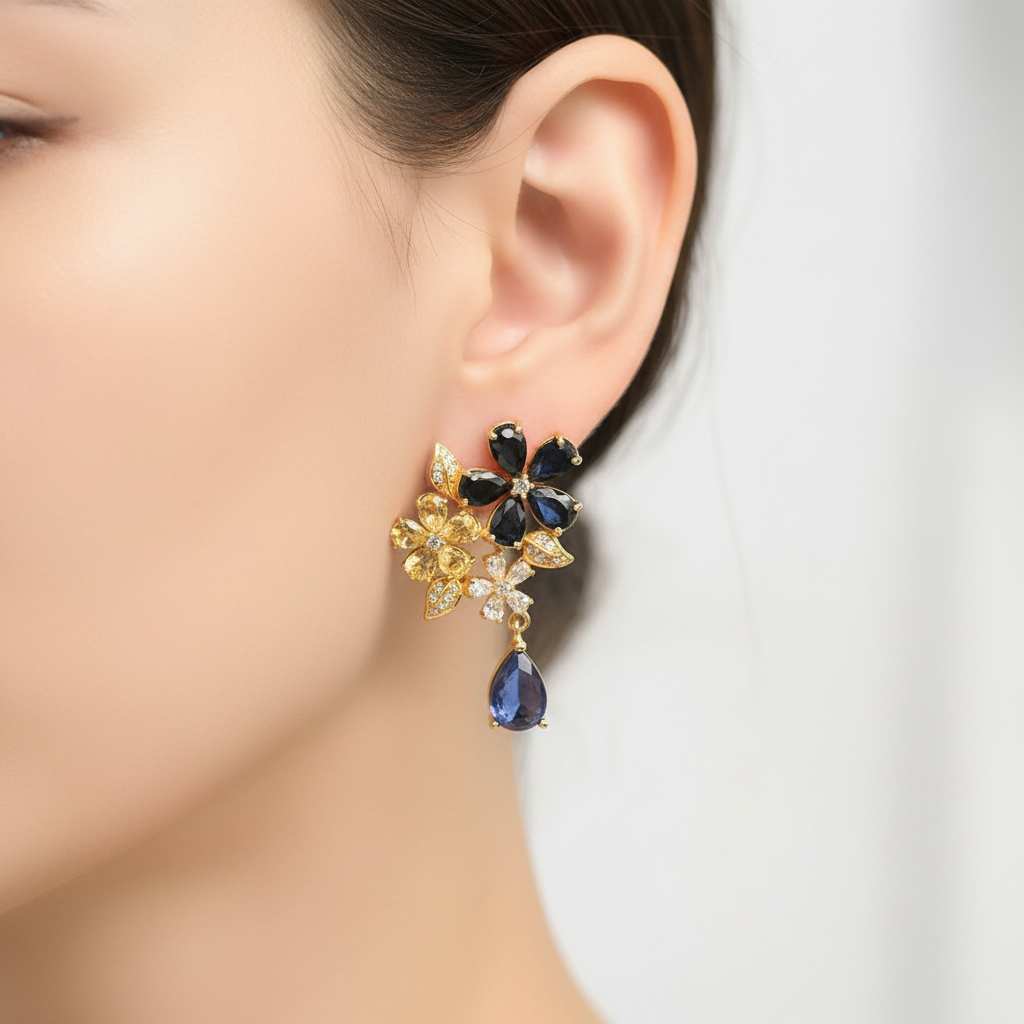 Handmade Natural Blue and white Sapphires Earrings