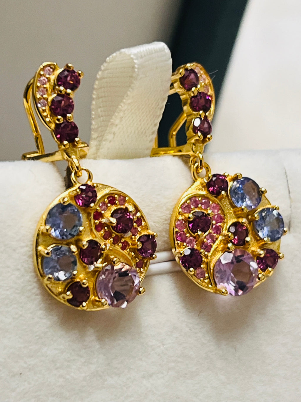 Handmade 18k Vermeil Medallion Earrings with Natural Tanzanite Garnet and Sapphires