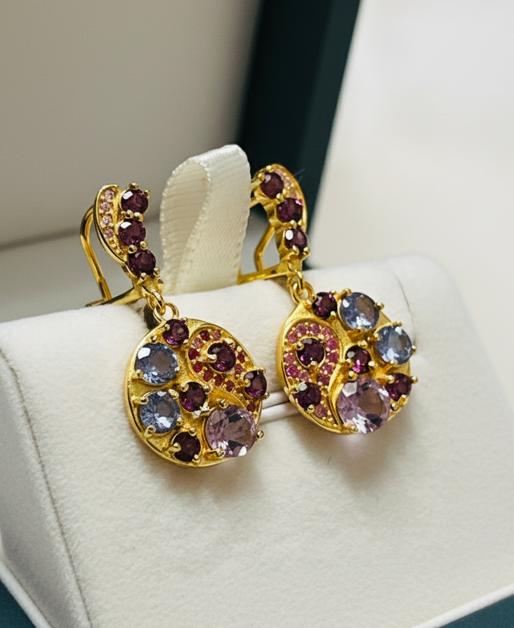 Handmade 18k Vermeil Medallion Earrings with Natural Tanzanite Garnet and Sapphires