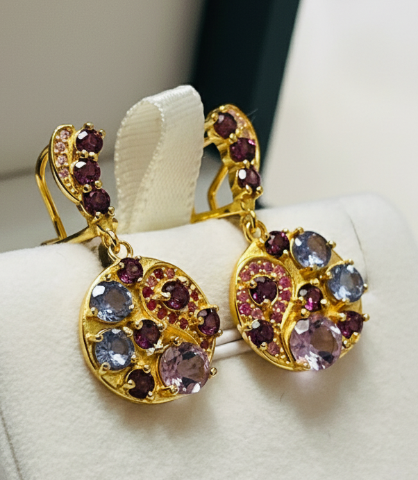 Handmade 18k Vermeil Medallion Earrings with Natural Tanzanite Garnet and Sapphires