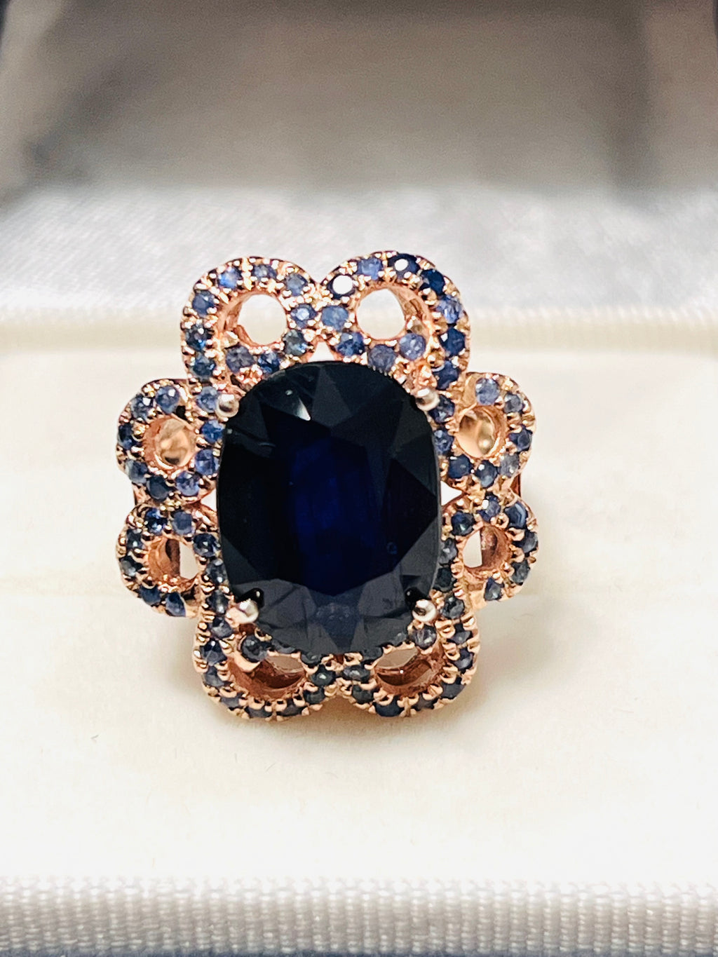 Oval Blue Sapphire Floral Ring with Rose Gold embraced Sterling silver