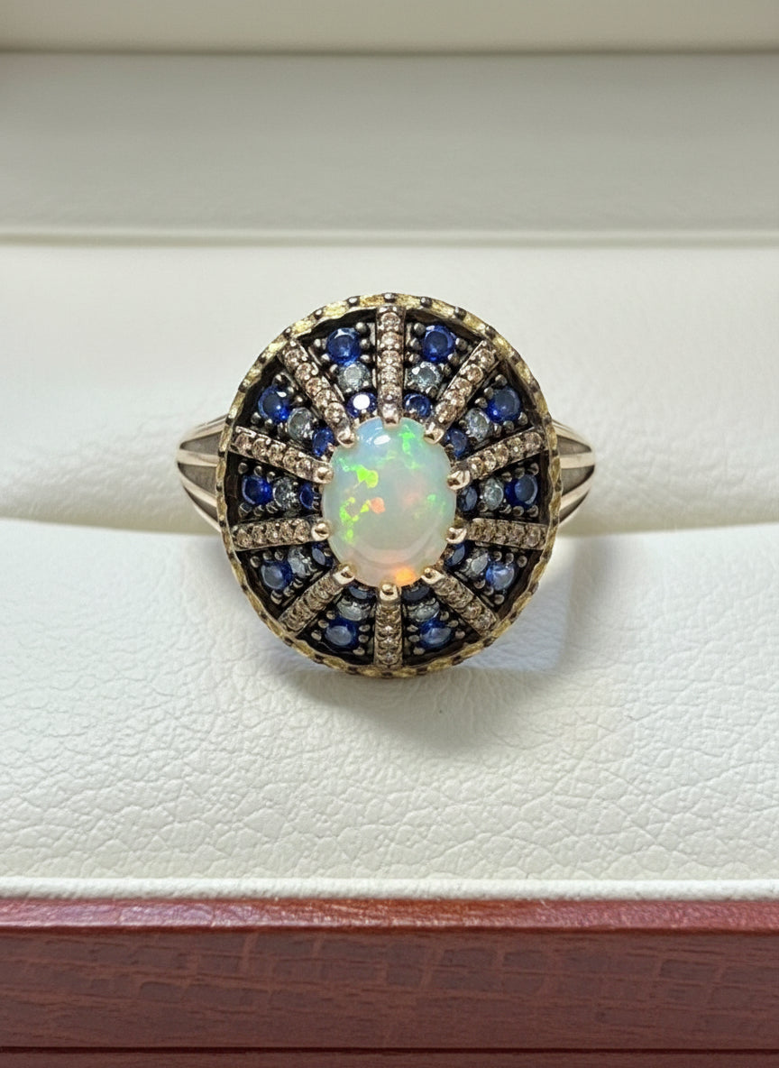 Handmade Fire Opal, Sapphires and Diamond Ring