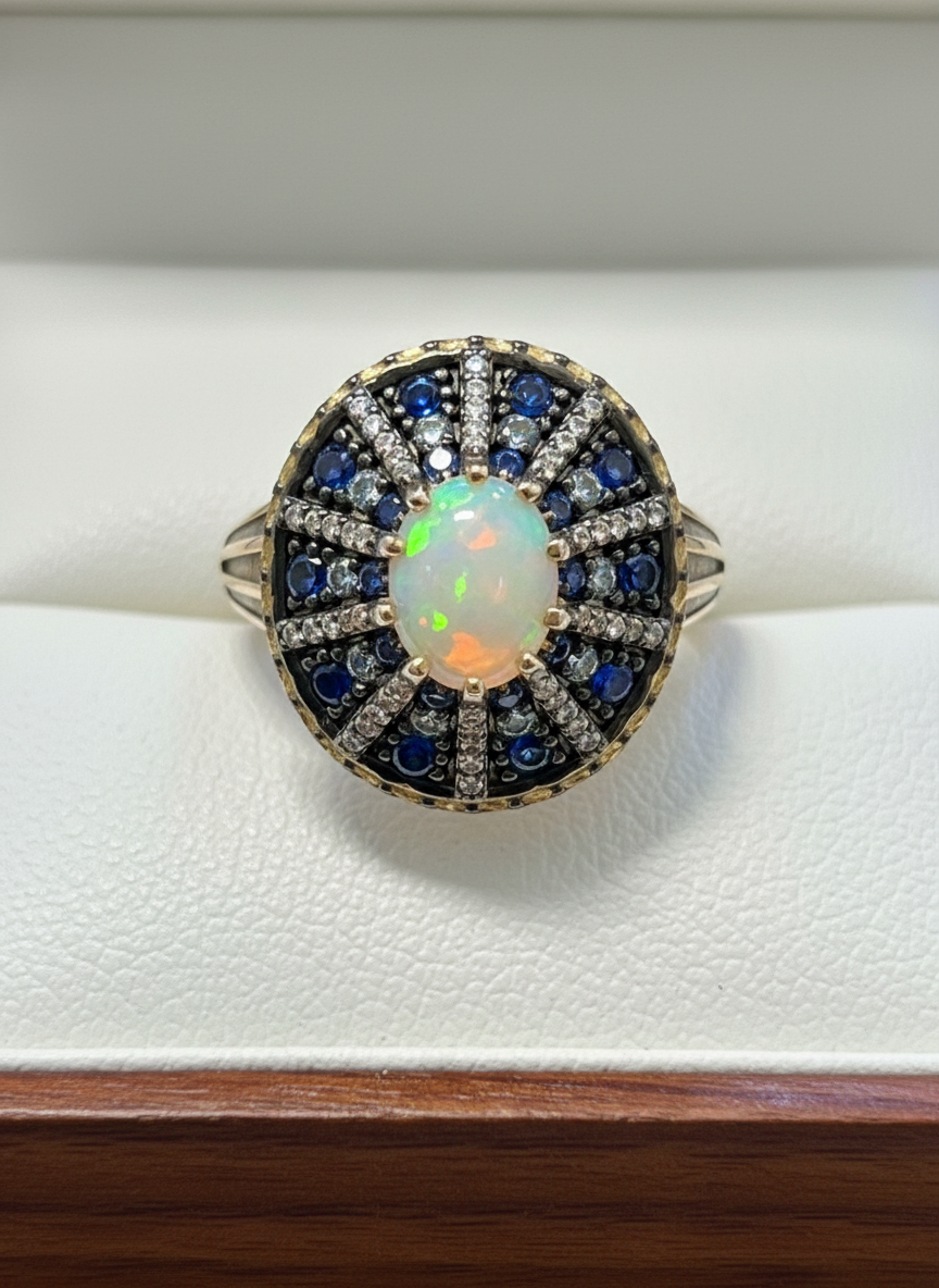 Handmade Fire Opal, Sapphires and Diamond Ring