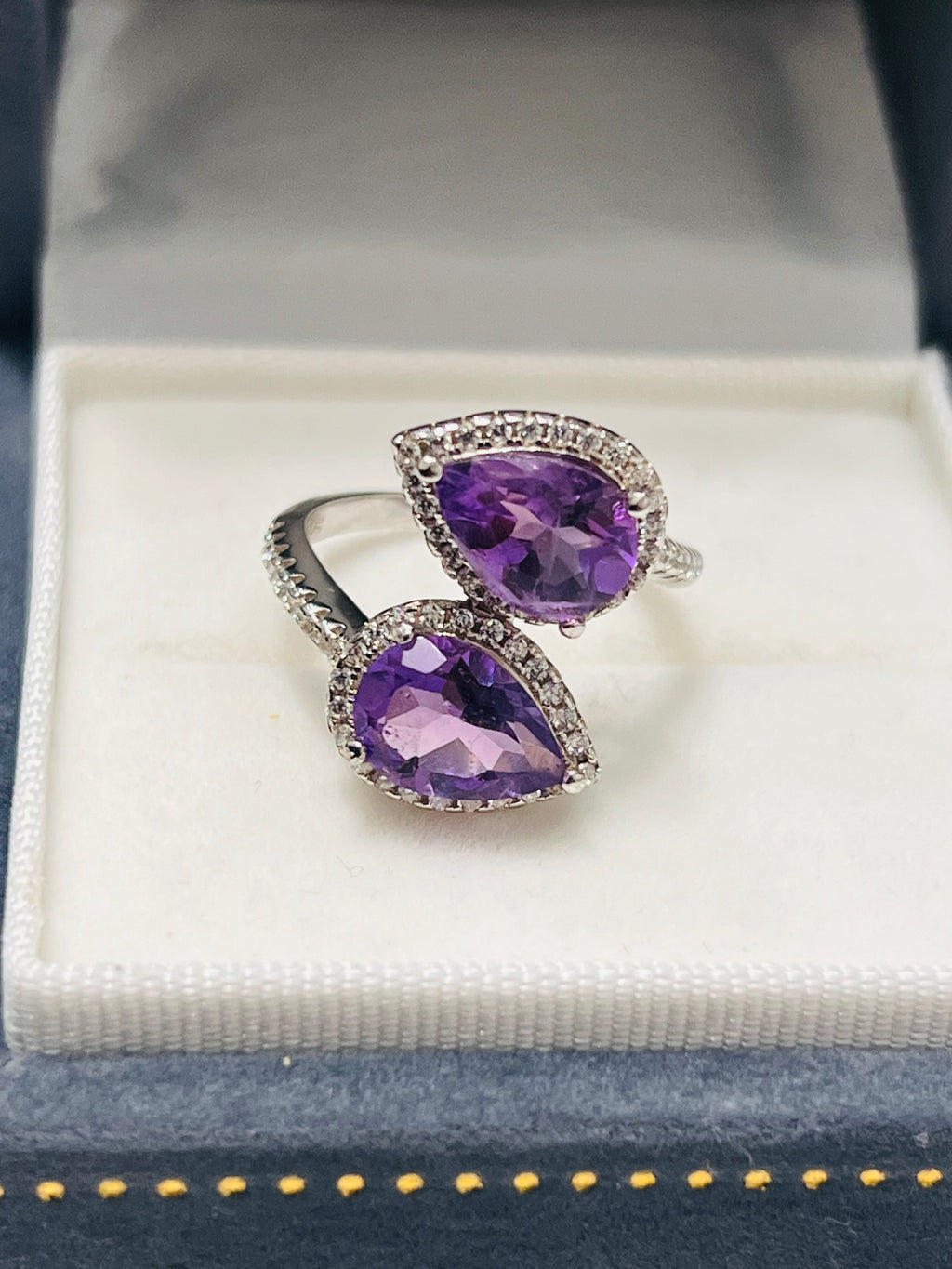 Handmade genuine Twin Amethyst Leaf Ring with White Topaz Accents