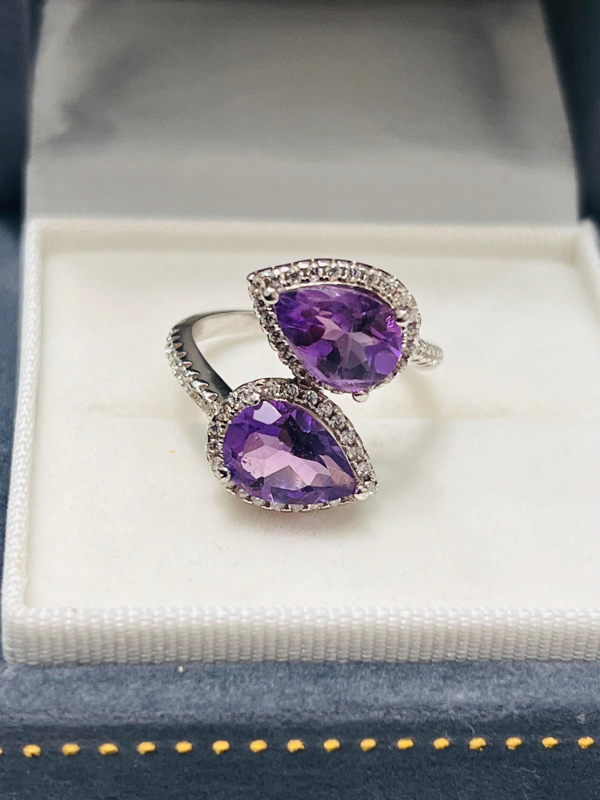 Handmade genuine Twin Amethyst Leaf Ring with White Topaz Accents